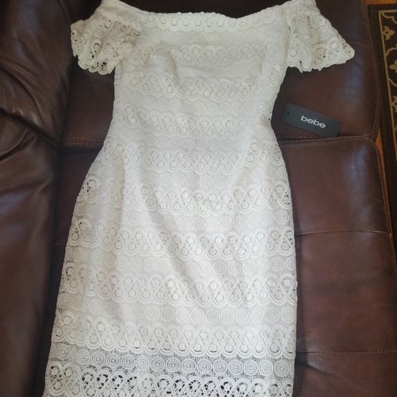 bebe | Dresses | Bebe Ivory Lace Off The Shoulder Midi Dress New With Tags  Size 4 | Poshmark